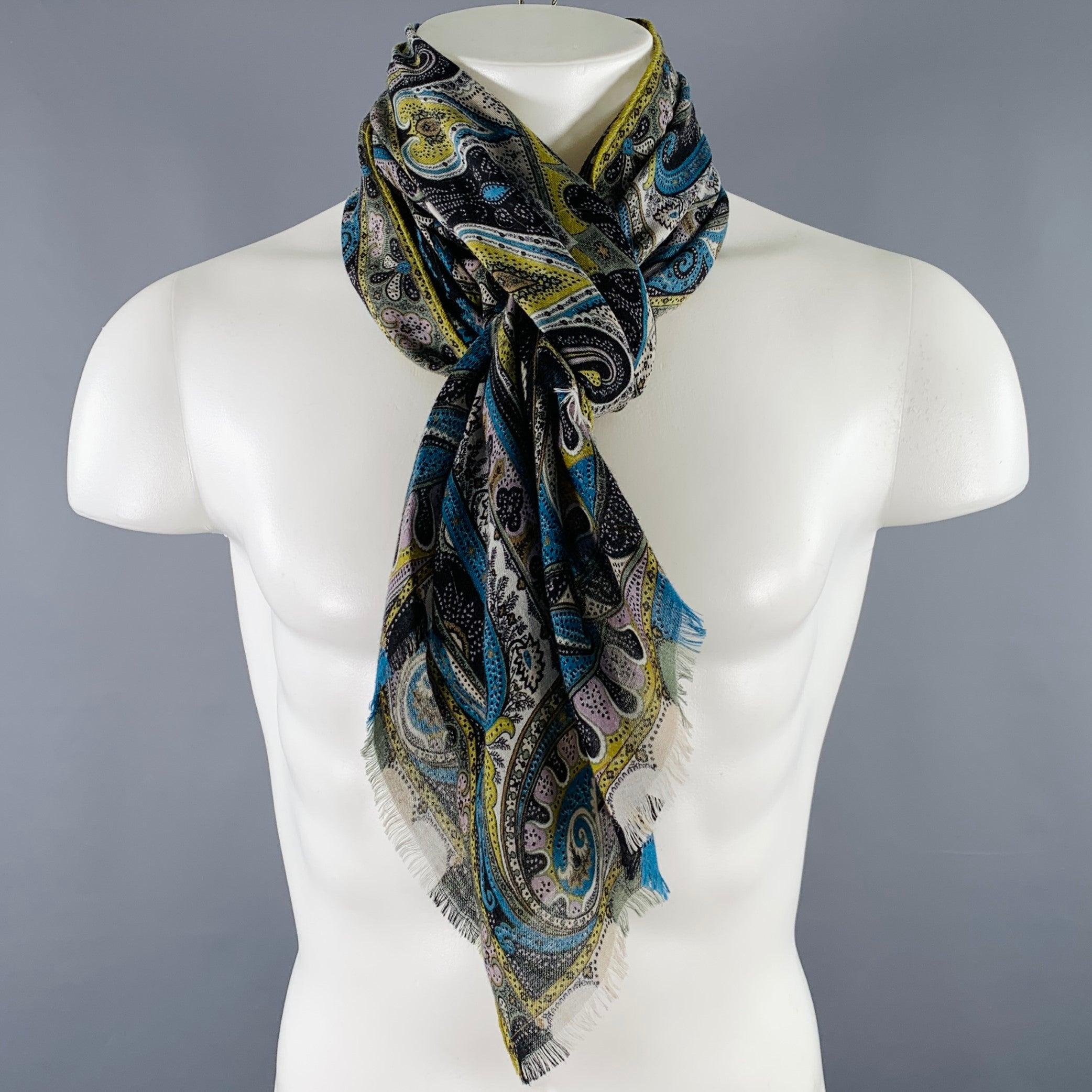 Men's ETRO Multi Color Paisley Silk Wool Fringe Scarf