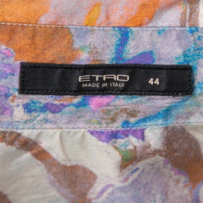 Gray Etro Multicolor Abstract Floral Printed Cotton Button Front Fitted Shirt M For Sale