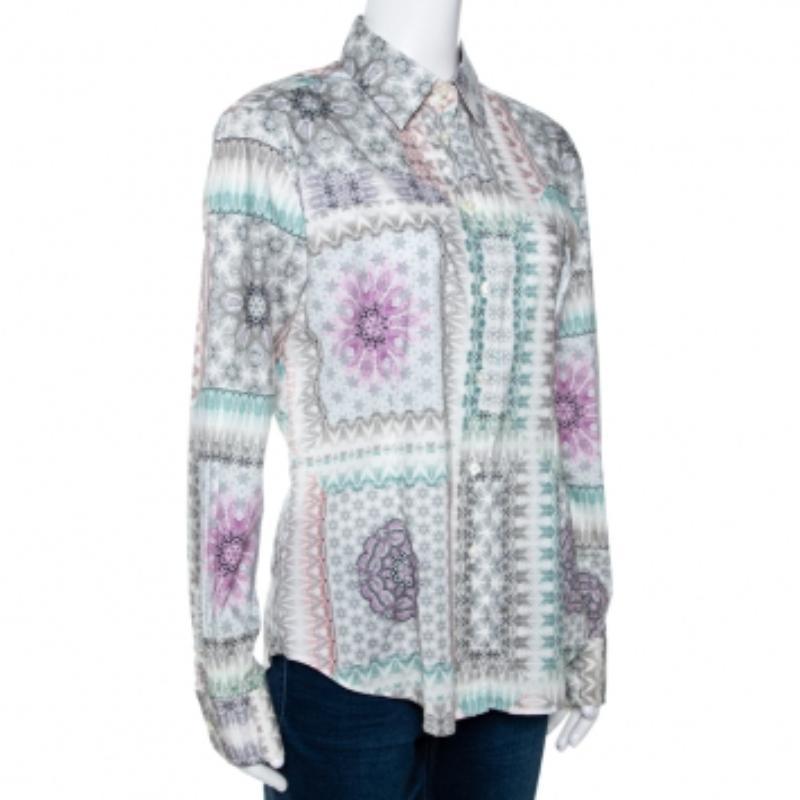 Beautifully made from a cotton blend, this multicolor Etro shirt is designed with abstract prints, front buttons, long sleeves and a simple collar. The comfortable creation will surely add a luxe touch to your wardrobe.
