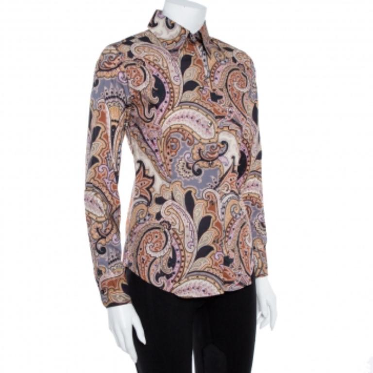 Brown Etro Multicolor Cotton Print Fitted Shirt S For Sale