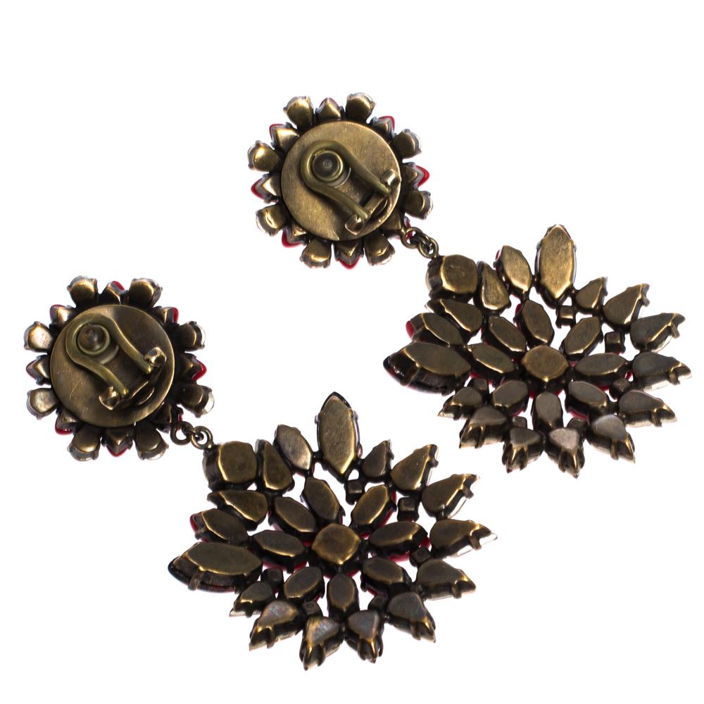 Contemporary Etro Multicolor Crystal Flower Gold Tone Clip-on Drop Earrings