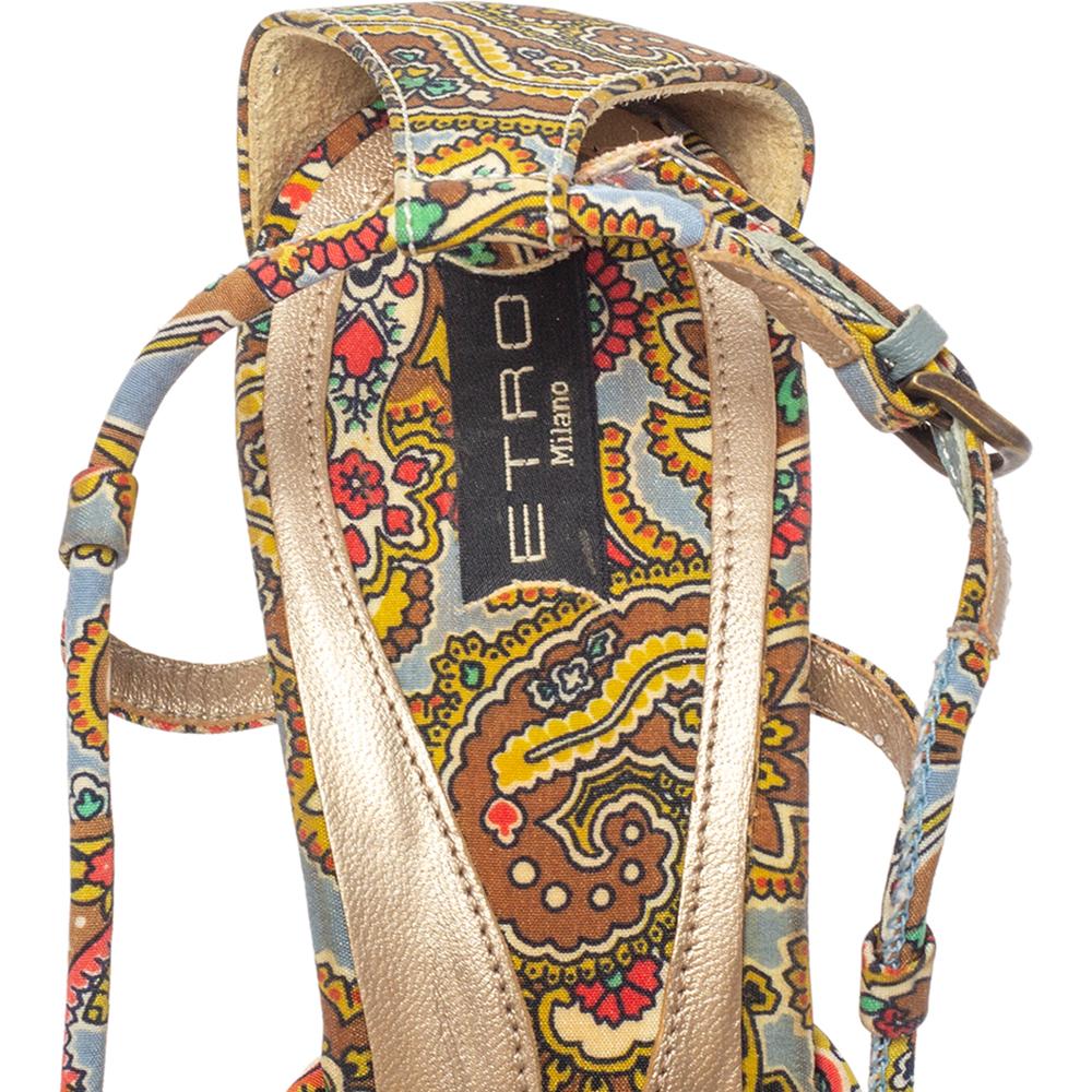 Brown Etro Multicolor Fabric Paisley Print Strappy Open Toe Ankle Strap Sandal Size 40 For Sale