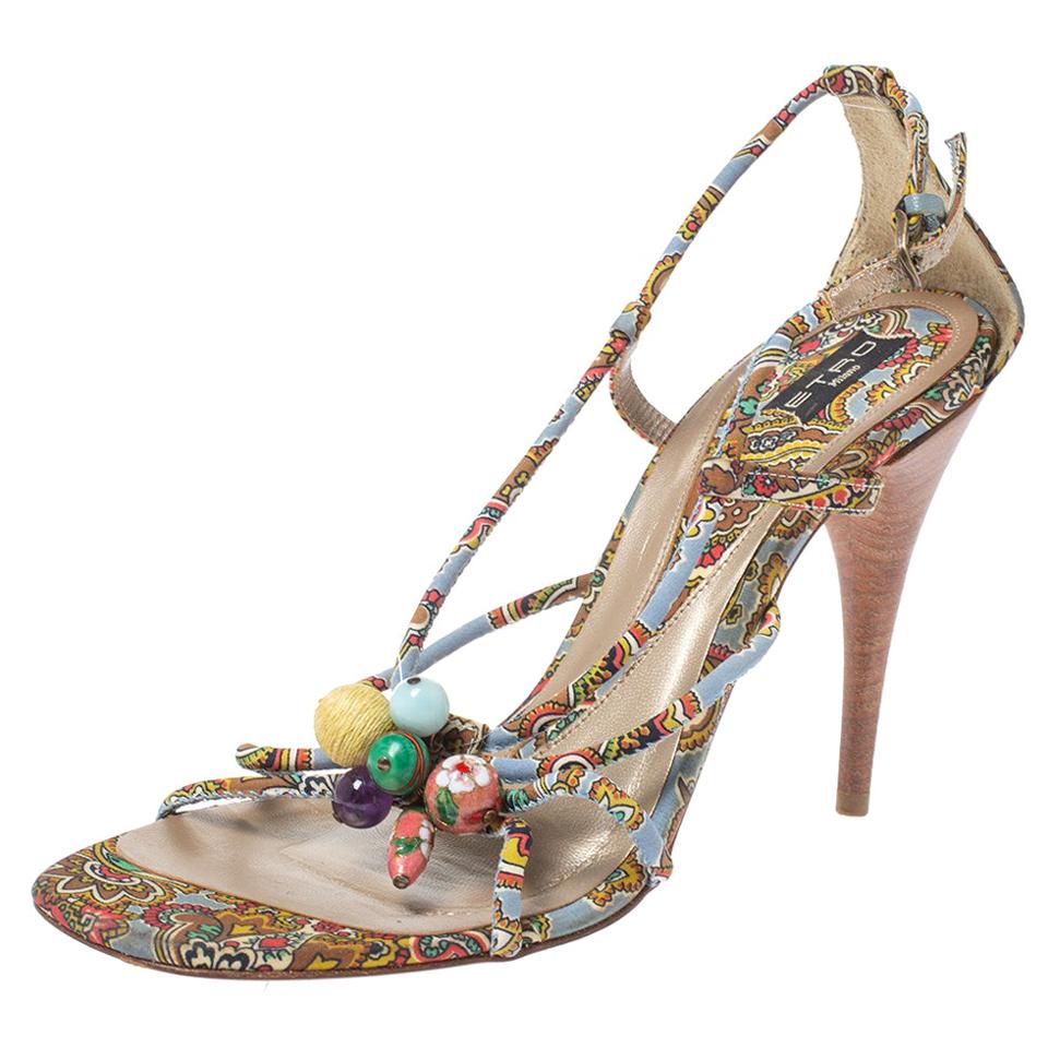 Etro Multicolor Fabric Paisley Print Strappy Open Toe Ankle Strap Sandal Size 40 For Sale