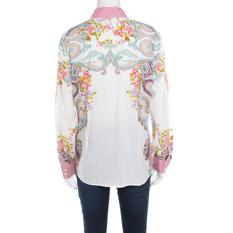 Gray Etro Multicolor Floral and Paisley Printed Long Sleeve Shirt L