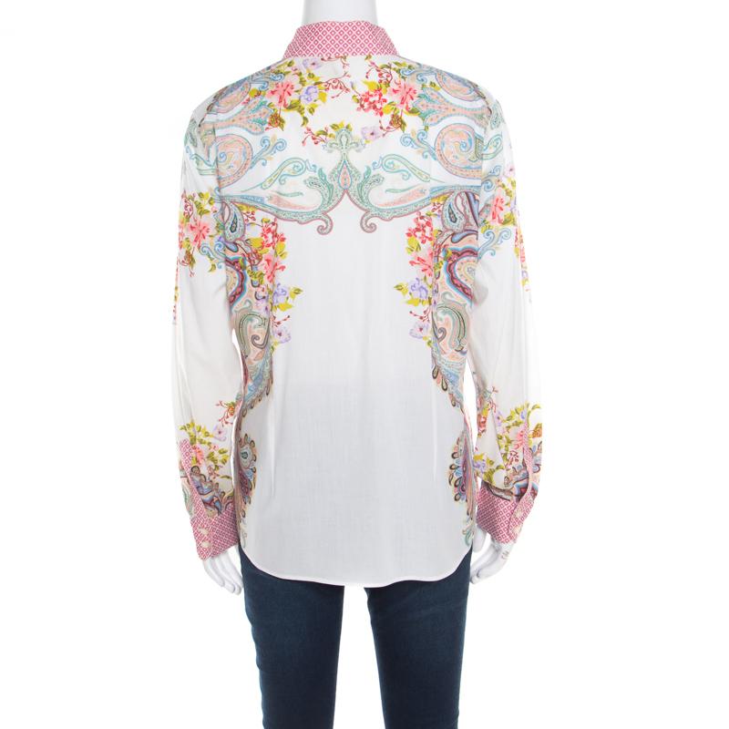 Etro Mehrfarbiges langärmeliges Hemd mit Blumen und Paisleymuster, L (Grau) im Angebot