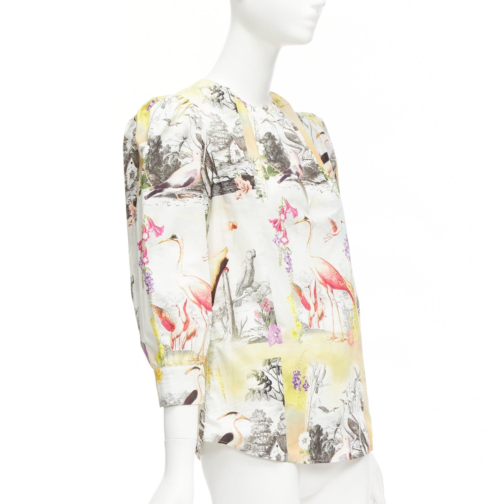 ETRO multicolor floral birds paradise print keyhole crop sleeves blouse IT38 XS In Excellent Condition For Sale In Hong Kong, NT