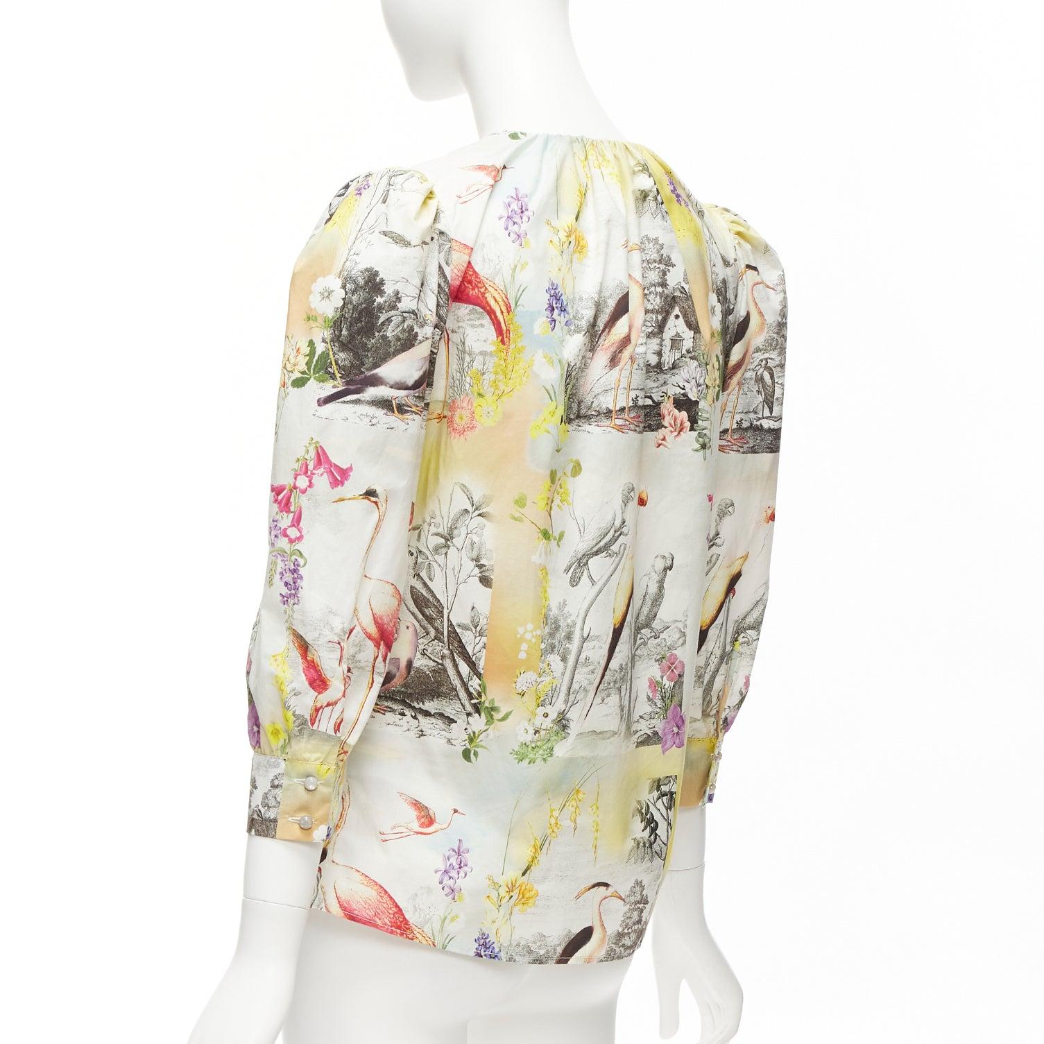 ETRO multicolor floral birds paradise print keyhole crop sleeves blouse IT38 XS For Sale 2