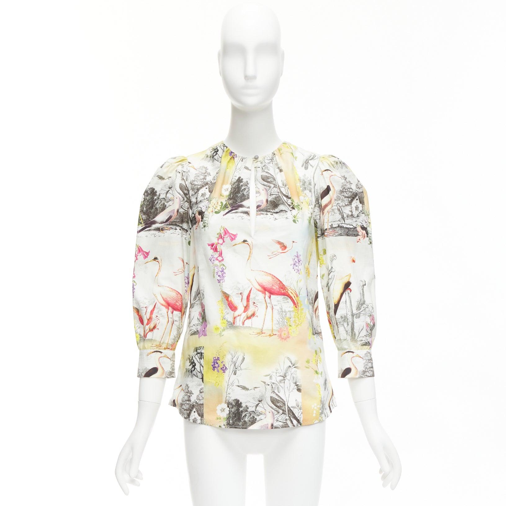 ETRO multicolor floral birds paradise print keyhole crop sleeves blouse IT38 XS For Sale 5