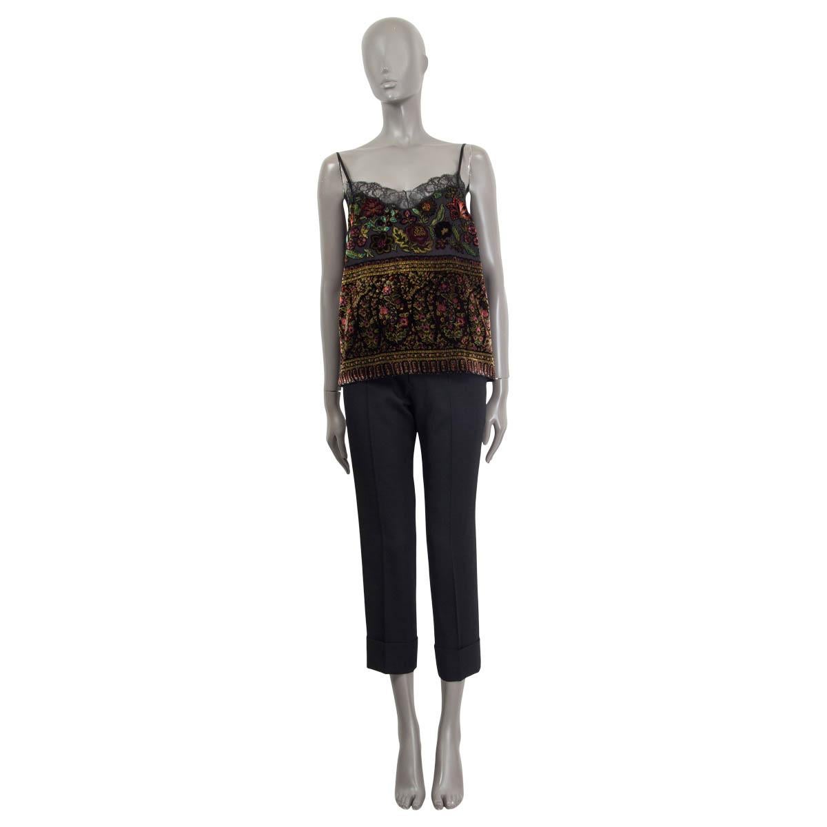 100% authentic Etro spaghetti top in black, burgundy and forrest green viscose (82%) and silk (18%) floral devore velvet. Embellished with  black lace at the neckline. Comes with adjustable straps. Lined in black silk (100%). Has been worn and is in