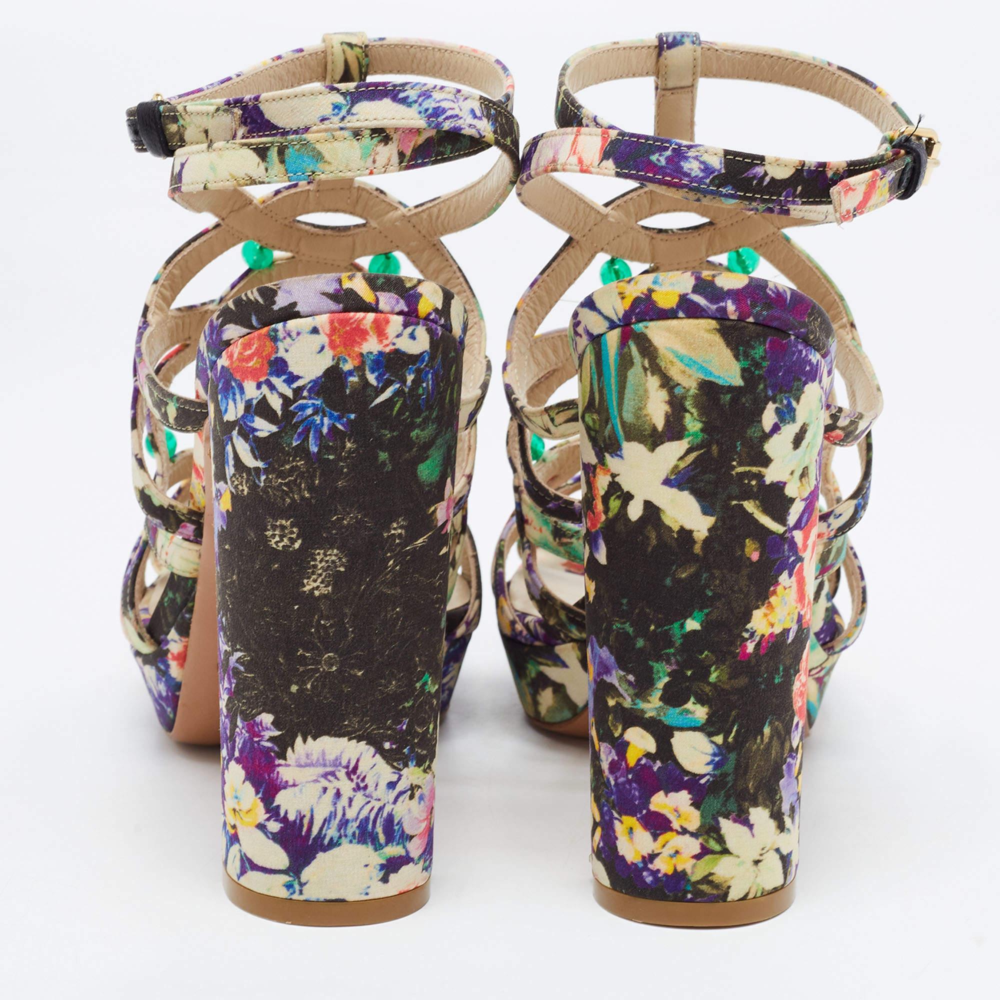 Beige Etro Multicolor Floral Fabric Studded Platform Ankle Strap Sandals Size 40