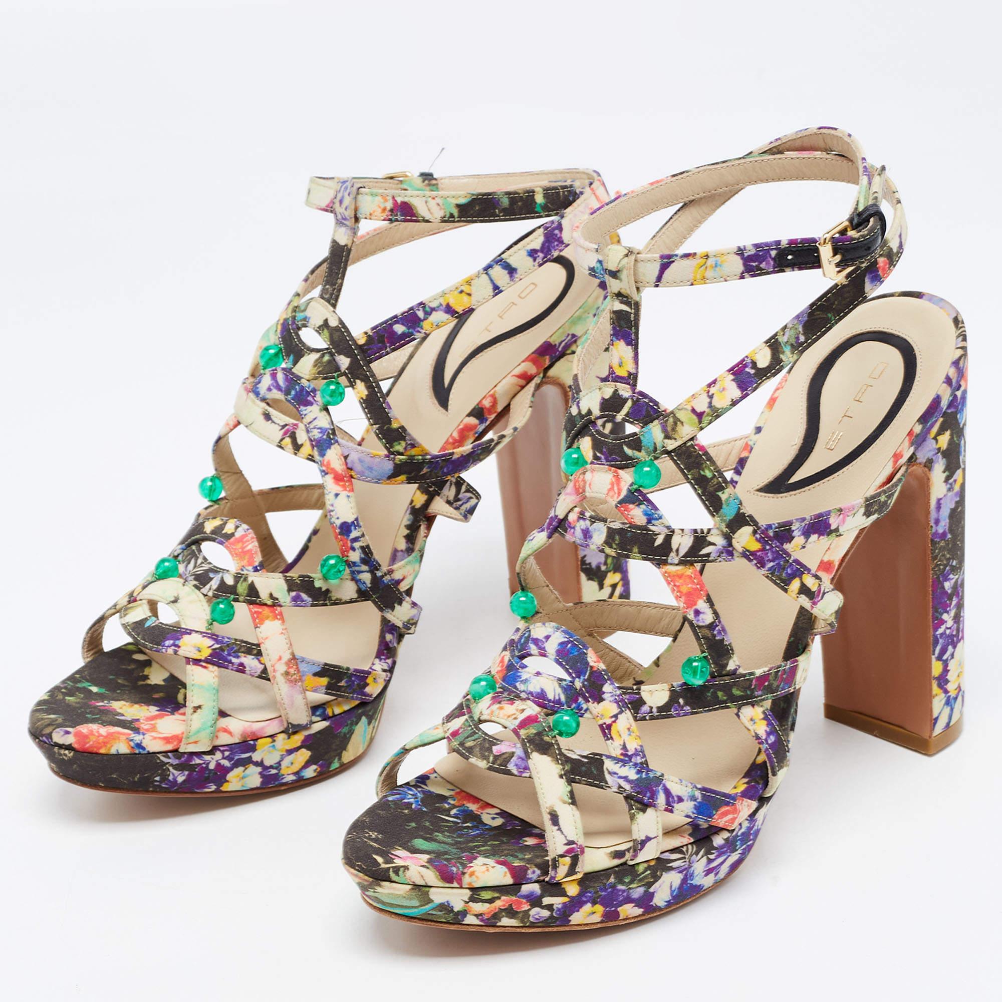 Etro Multicolor Floral Fabric Studded Platform Ankle Strap Sandals Size 40 In New Condition In Dubai, Al Qouz 2