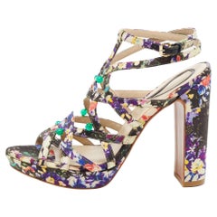 Etro Multicolor Floral Fabric Studded Platform Ankle Strap Sandals Size 40