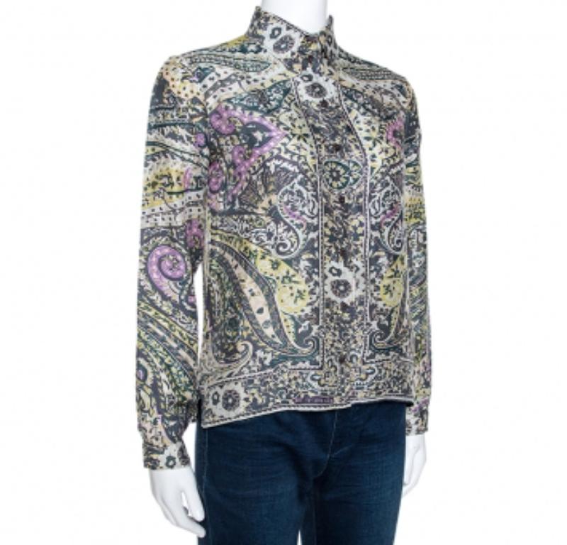 Etro - Camicia a maniche lunghe in seta con stampa floreale Paisley Multicolore - M. I. In condizioni buone in vendita a Dubai, Al Qouz 2