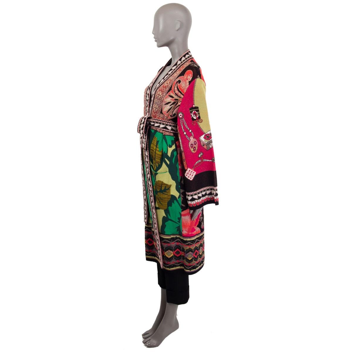 Etro floral print belted knit cardigan in multi-color wool (40%), viscose (33%), polyamide (8%), acrylic (6%), polyester (6%), cotton (6%), metallised fibre (1%) with two front deep slip pockets. Ties on the front with a matching belt. Unlined. Has