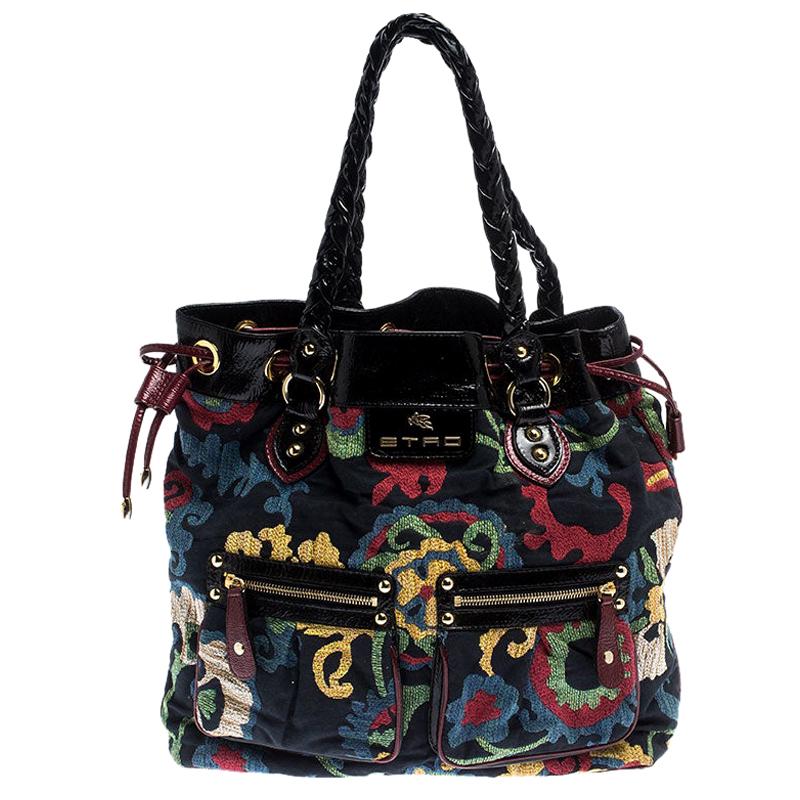 Etro Multicolor Floral Print Canvas and Patent Leather Tote For Sale at