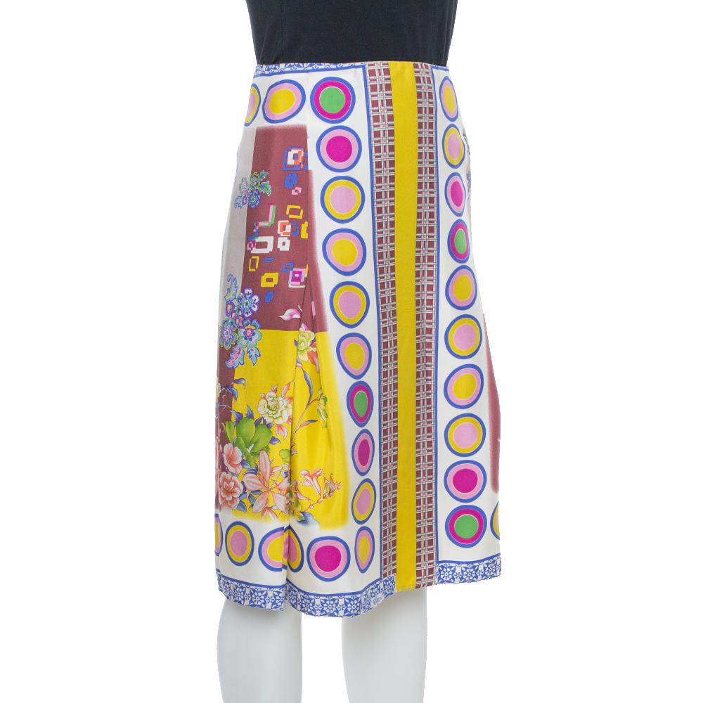 Etro Faltenrock mit mehrfarbigem Blumendruck aus Seide, Größe M (Grau) im Angebot