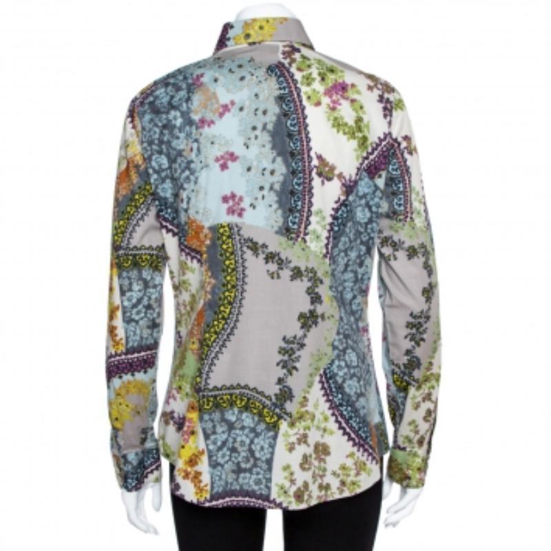 Women's Etro Multicolor Floral Print Stretch Cotton Shirt L For Sale