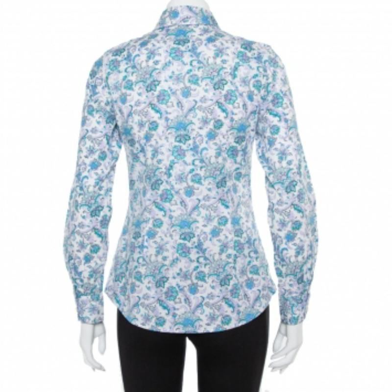 Blue Etro Multicolor Floral Printed Cotton Button Front Shirt S For Sale