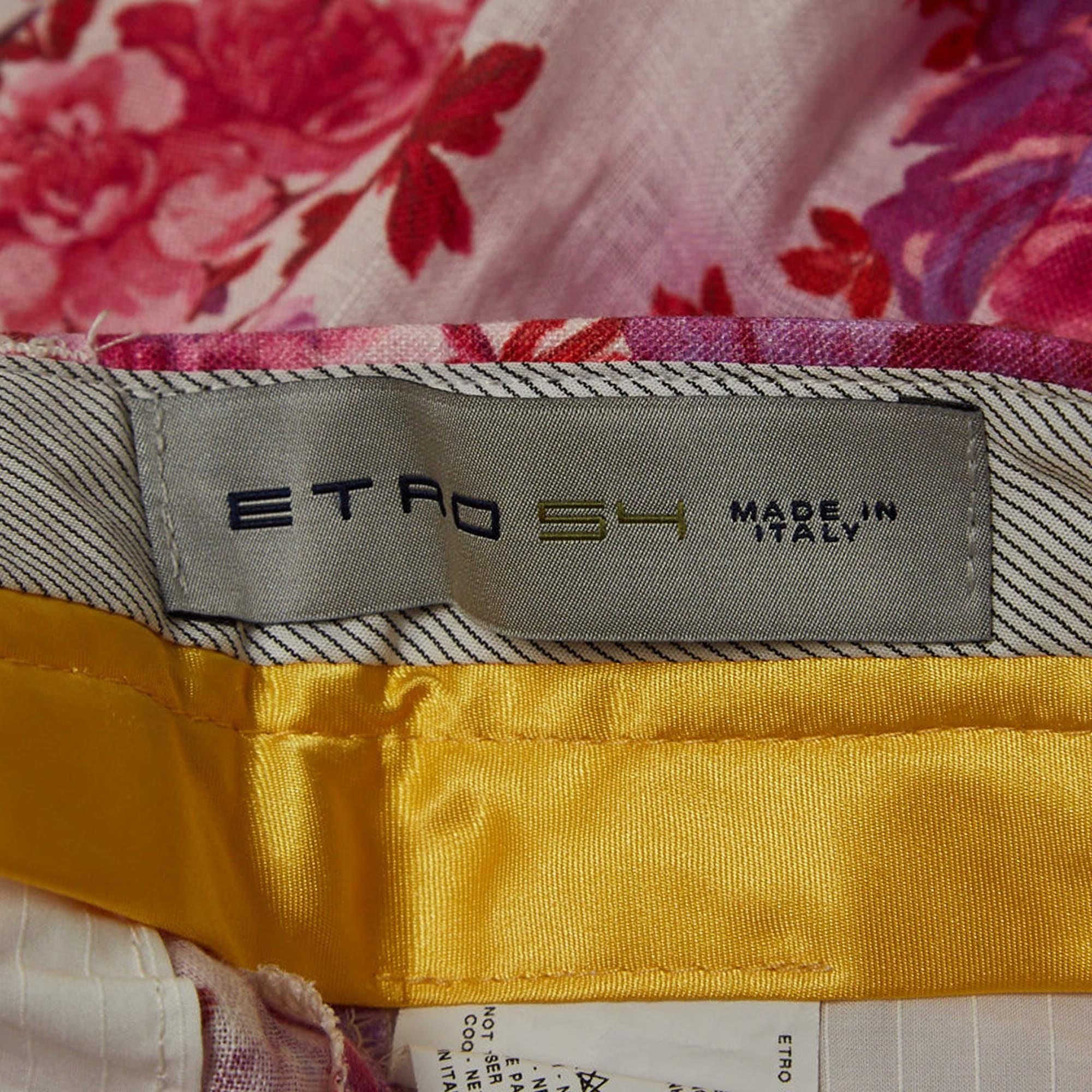 Etro Pantalones rectos de lino con estampado floral multicolor XXL en Excelente estado para la venta en Dubai, Al Qouz 2
