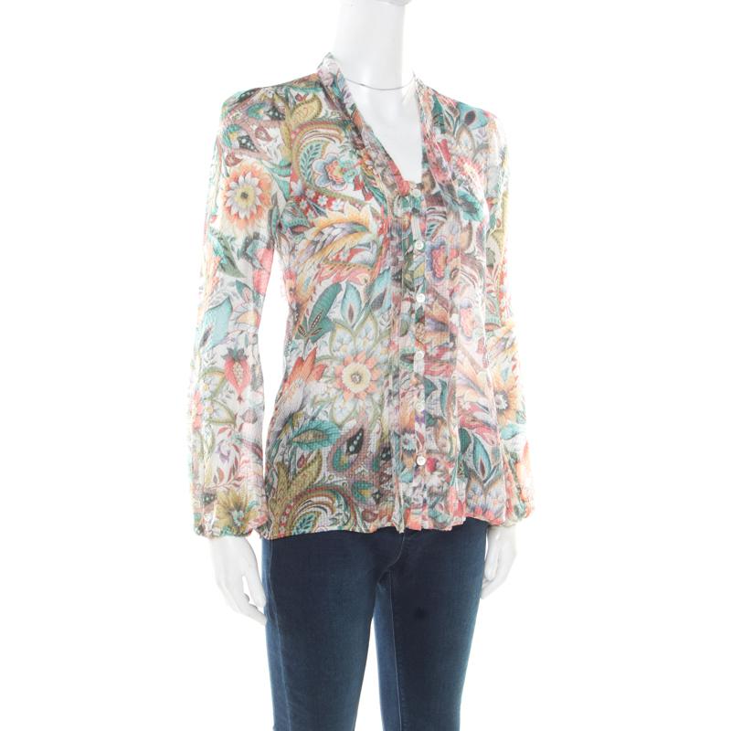 Gray Etro Multicolor Floral Printed Silk Long Sleeve Blouse S