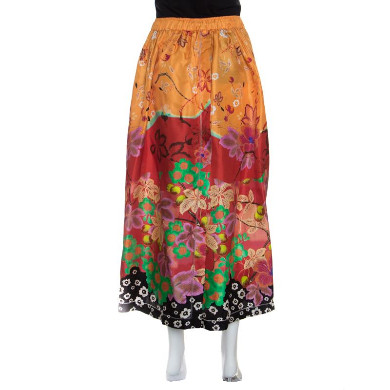 Orange Etro Multicolor Floral Printed Silk Maxi Skirt M