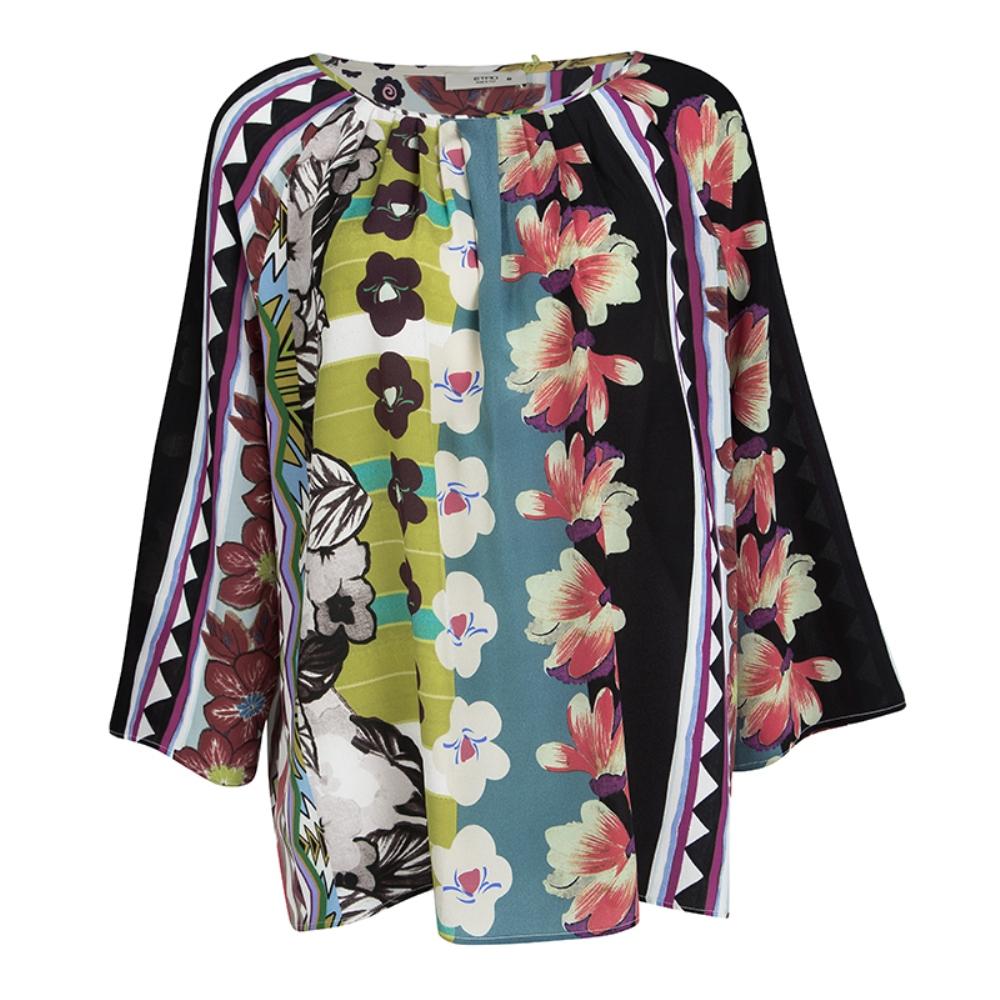 Black Etro Multicolor Floral Printed Silk Pleat Detail Long Sleeve Top L
