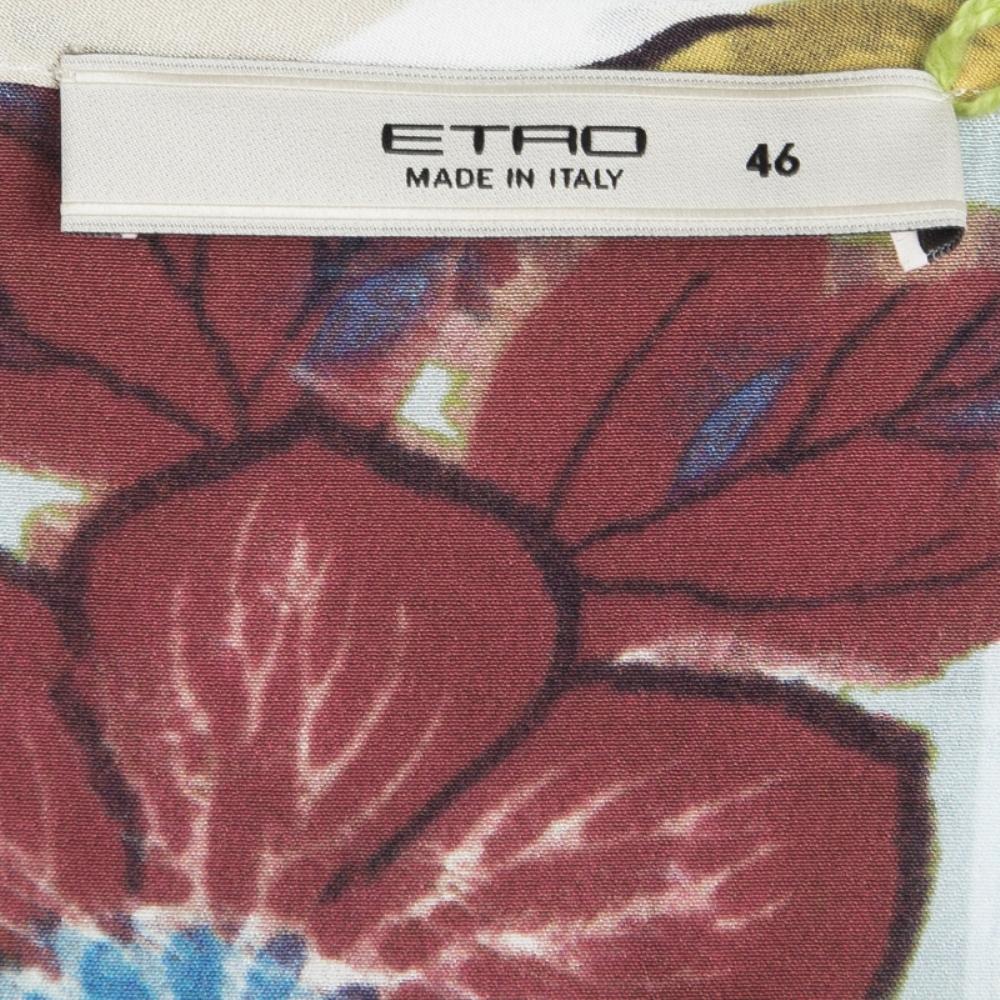 Women's Etro Multicolor Floral Printed Silk Pleat Detail Long Sleeve Top L