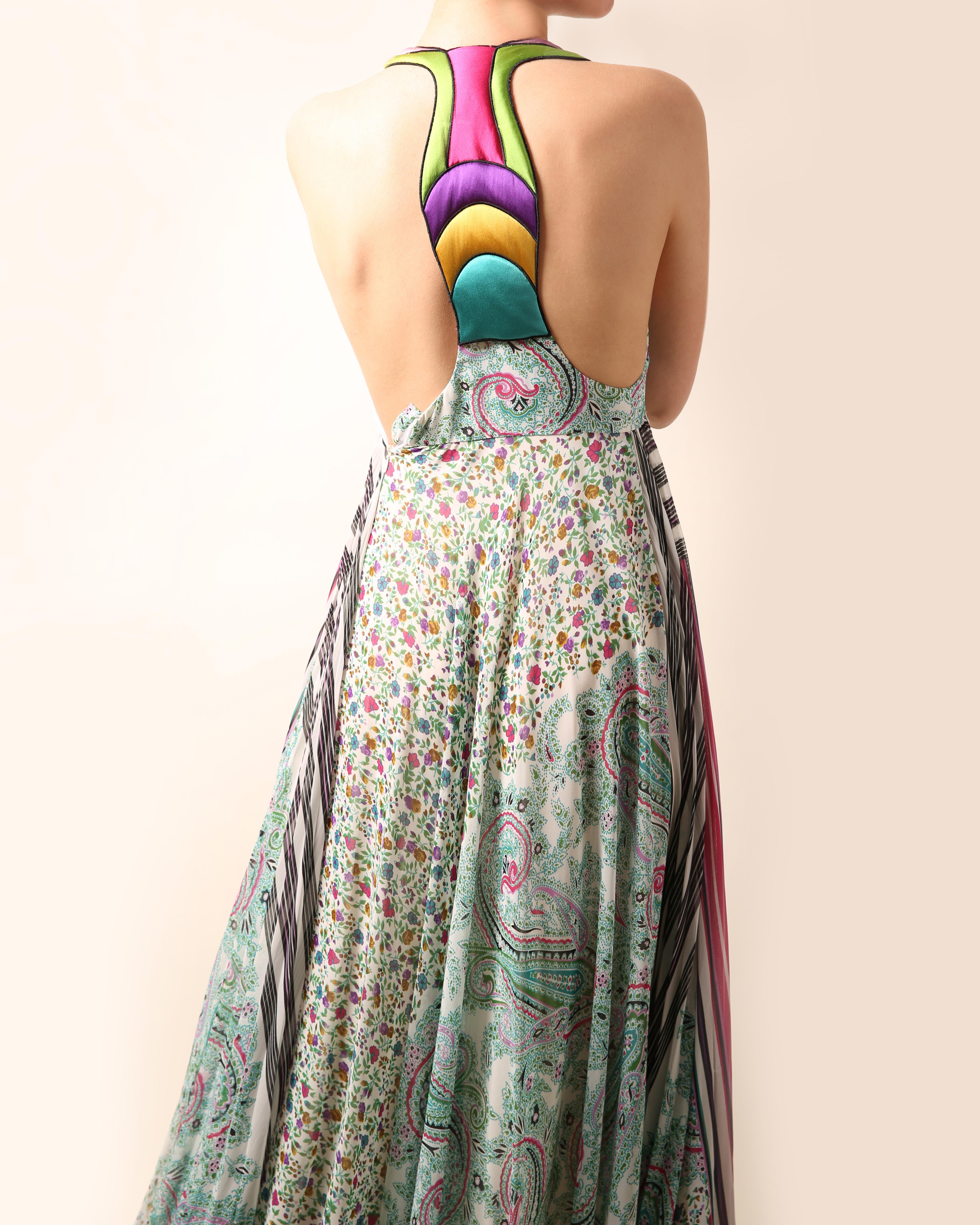 Etro multicolor floral stripe paisley print plunging cut out maxi dress gown For Sale 3