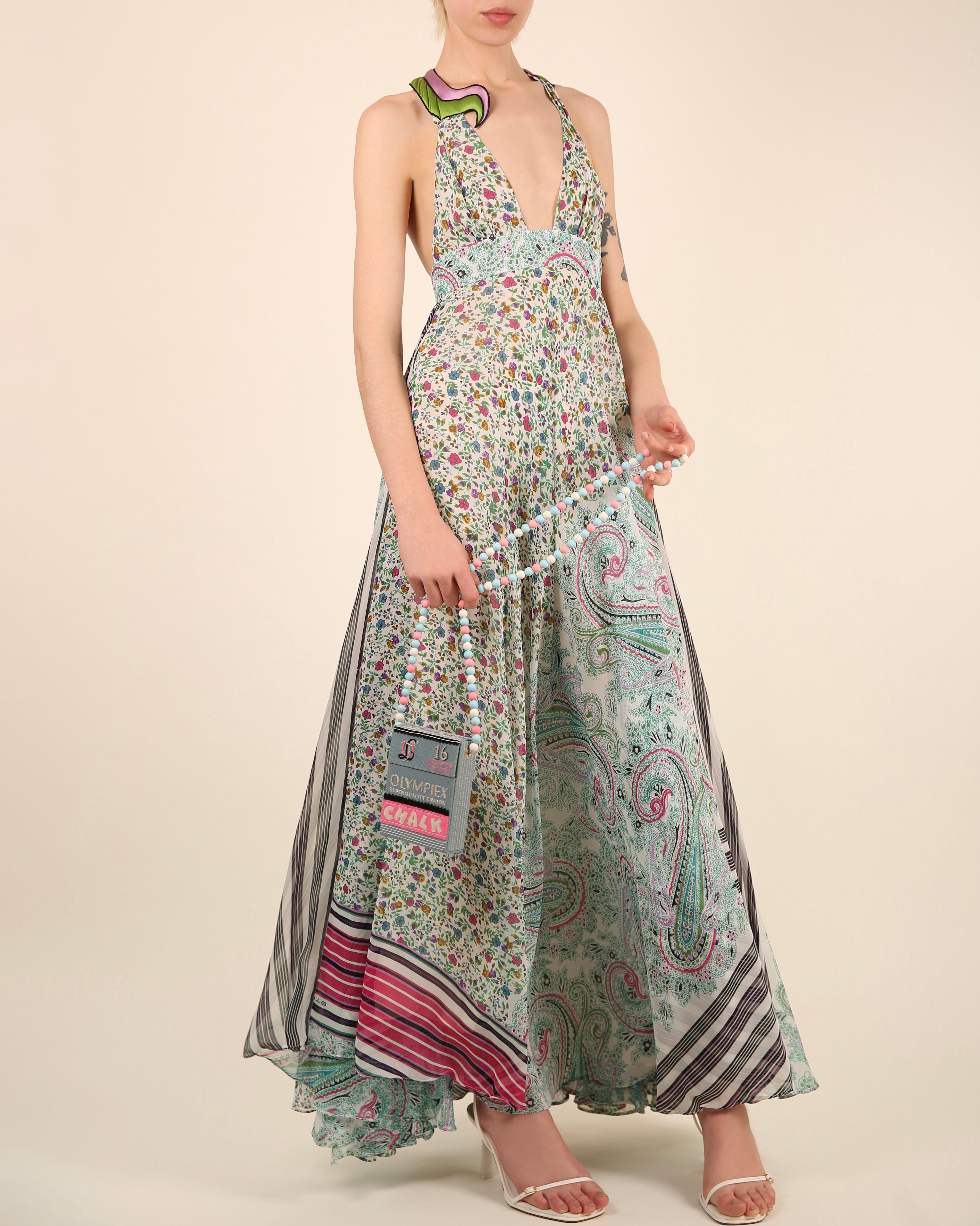 LOVE LALI Vintage

An incredibly feminine floor length dress by Etro from their Spring/Summer 2007 runway collection 
Low cut plunging neckline
Floral, stripe and paisley multicolour print
Padded satin detail to the shoulder and back in an array of