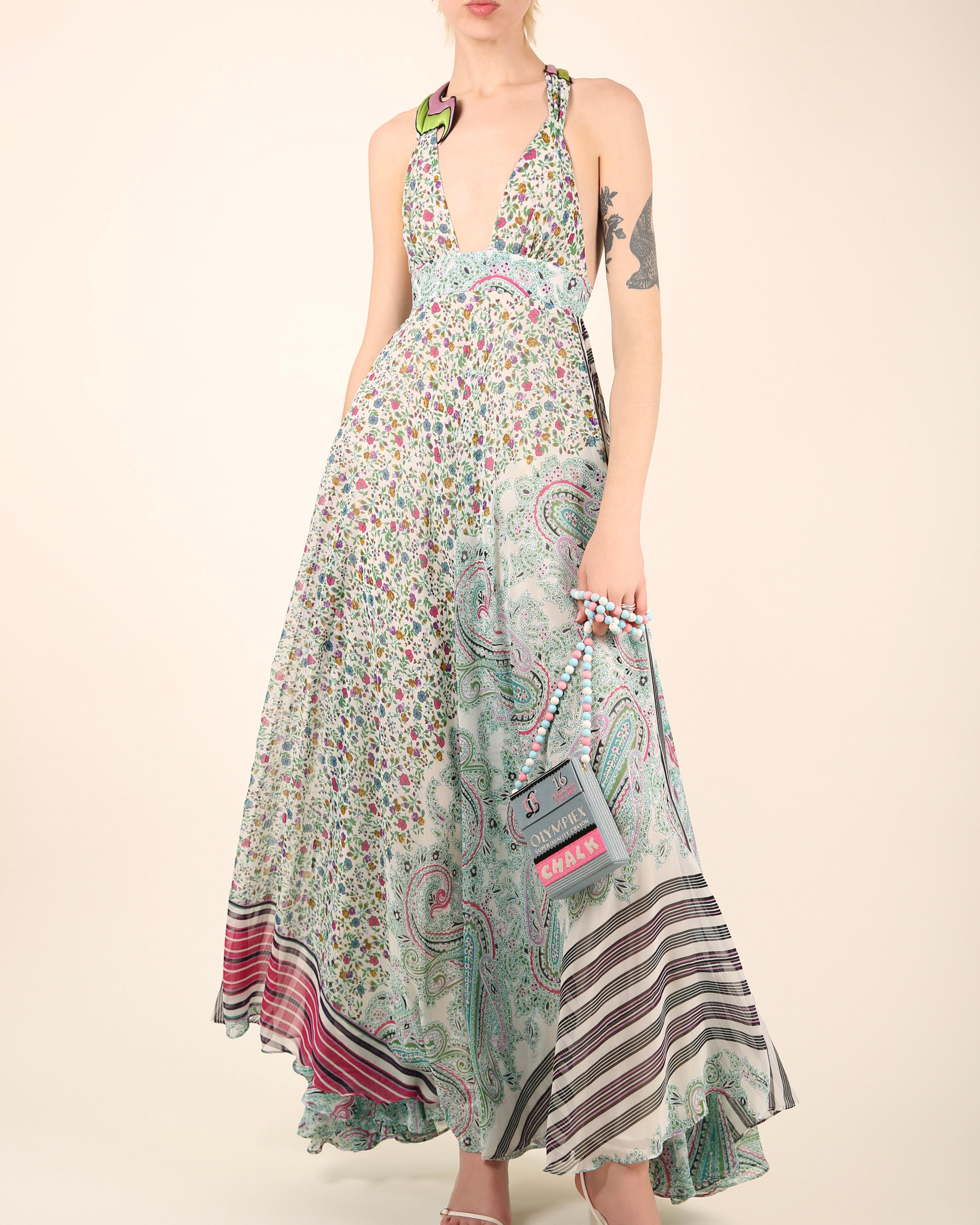 Brown Etro multicolor floral stripe paisley print plunging cut out maxi dress gown For Sale