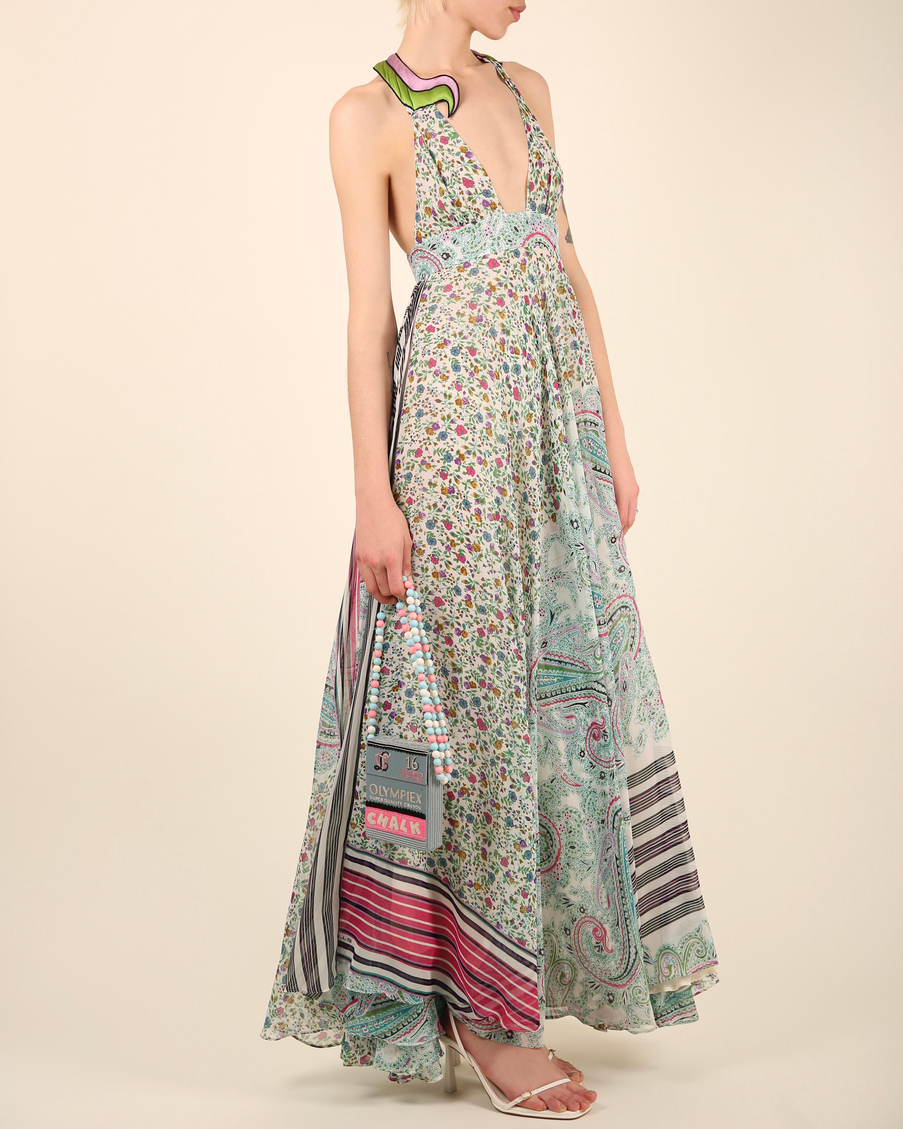 Etro multicolor floral stripe paisley print plunging cut out maxi dress gown In Excellent Condition For Sale In Paris, FR
