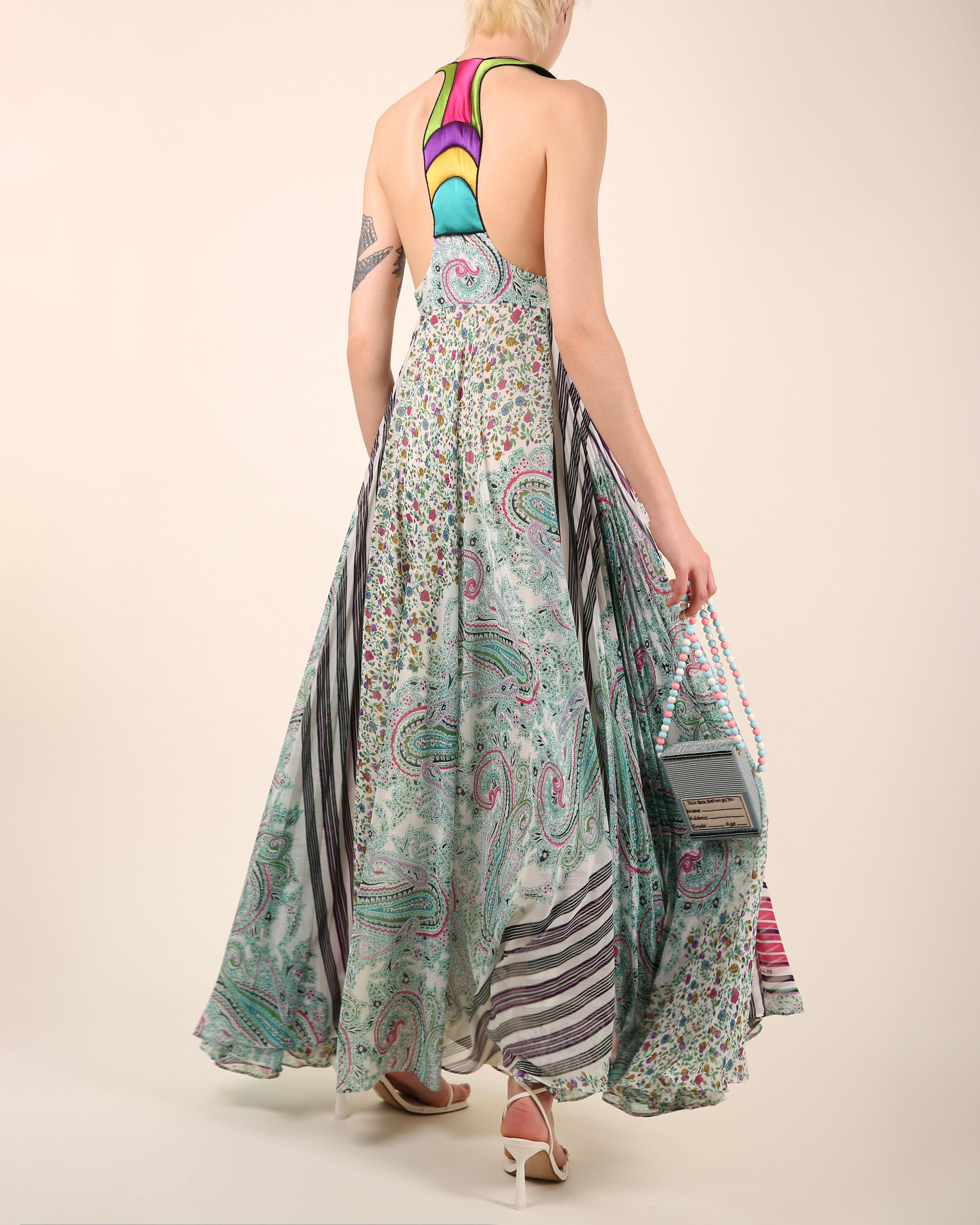 Etro multicolor floral stripe paisley print plunging cut out maxi dress gown For Sale 1