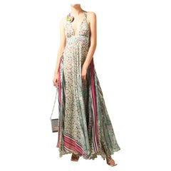 Etro multicolor floral stripe paisley print plunging cut out maxi dress gown