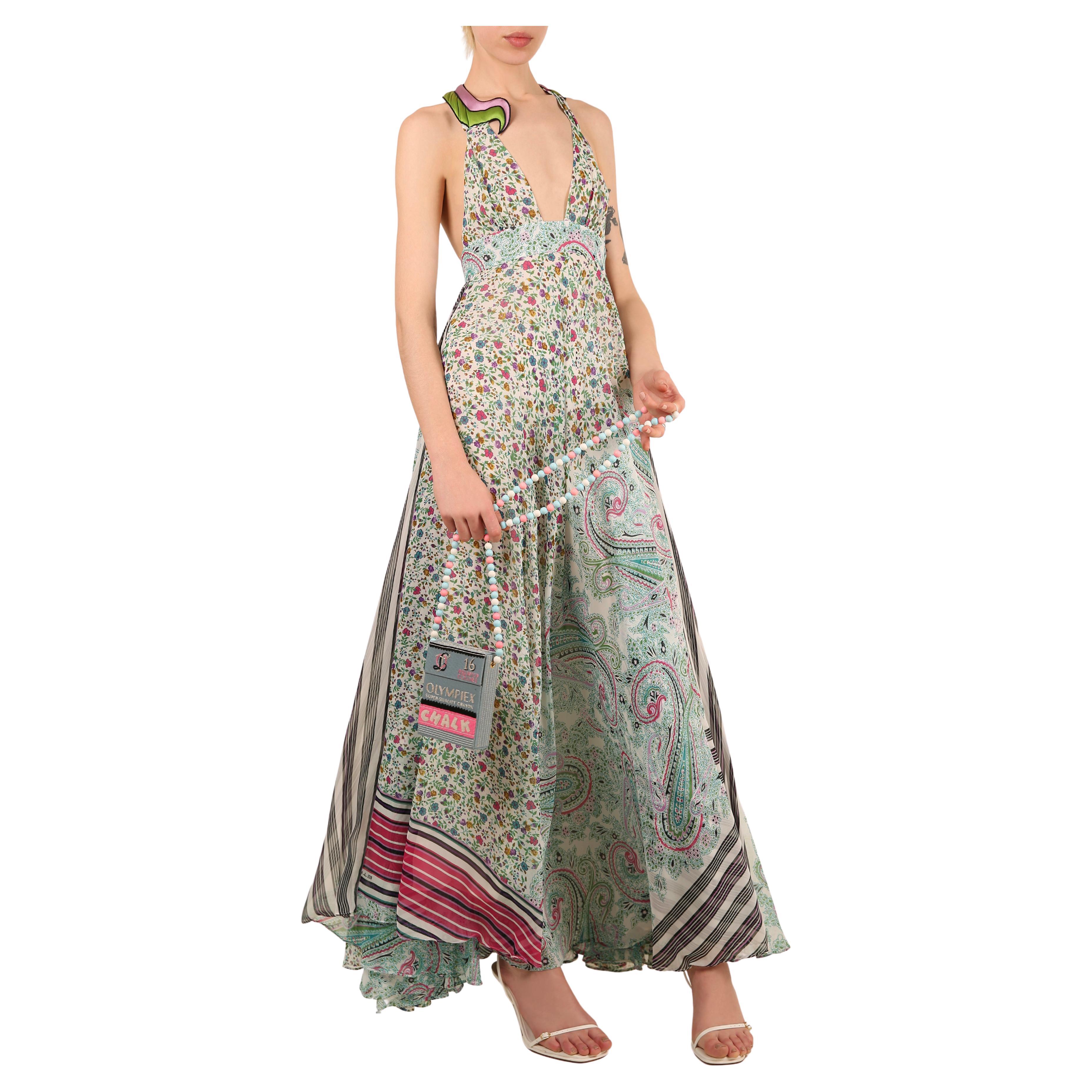 Etro multicolor floral stripe paisley print plunging cut out maxi dress gown For Sale
