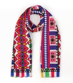 ETRO Multicolor Geometric Tribal Print Silk Fringe Oblong Scarf