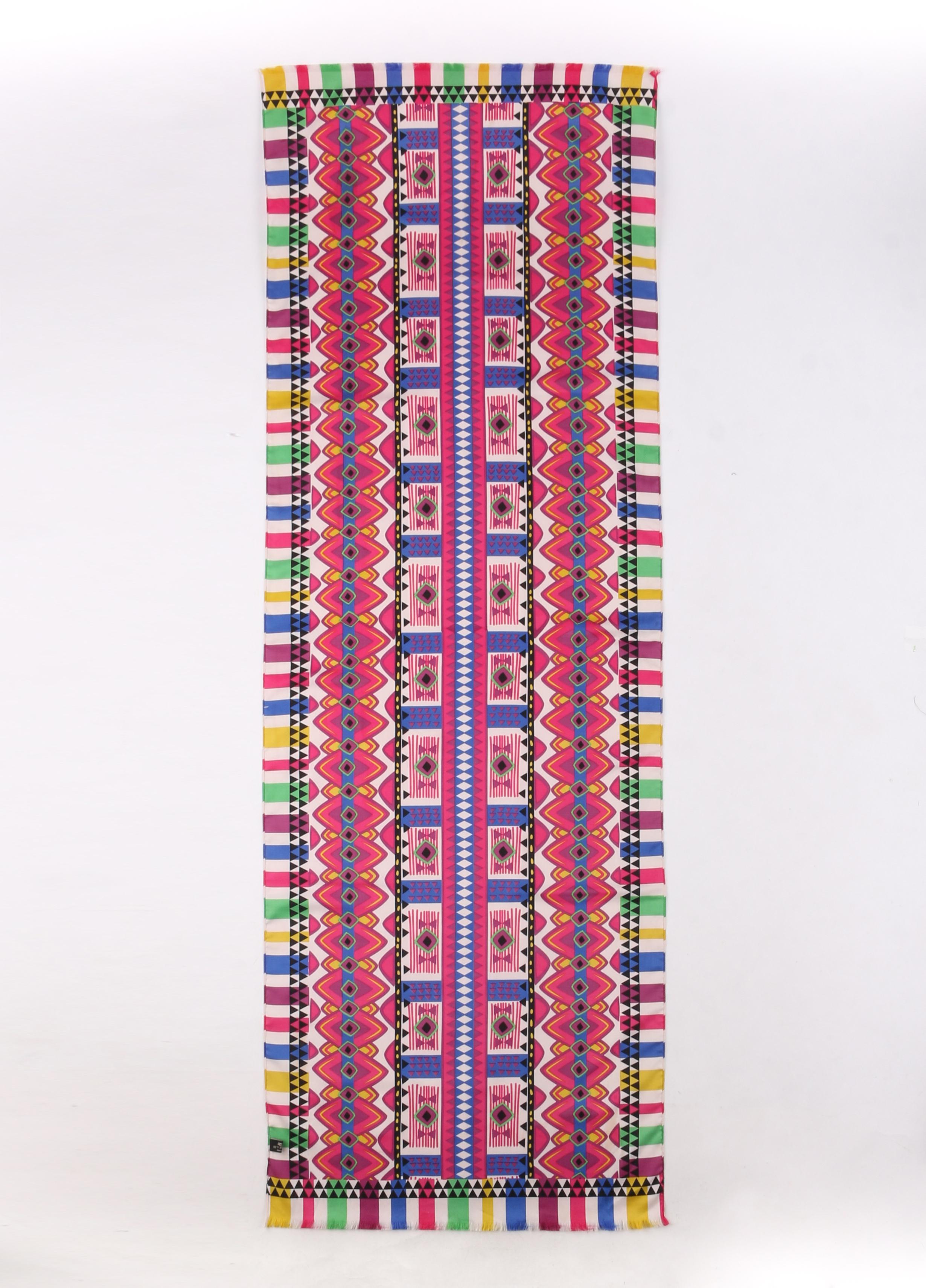 ETRO Multicolor Geometric Tribal Print Silk Fringe Oblong Scarf In Good Condition For Sale In Thiensville, WI