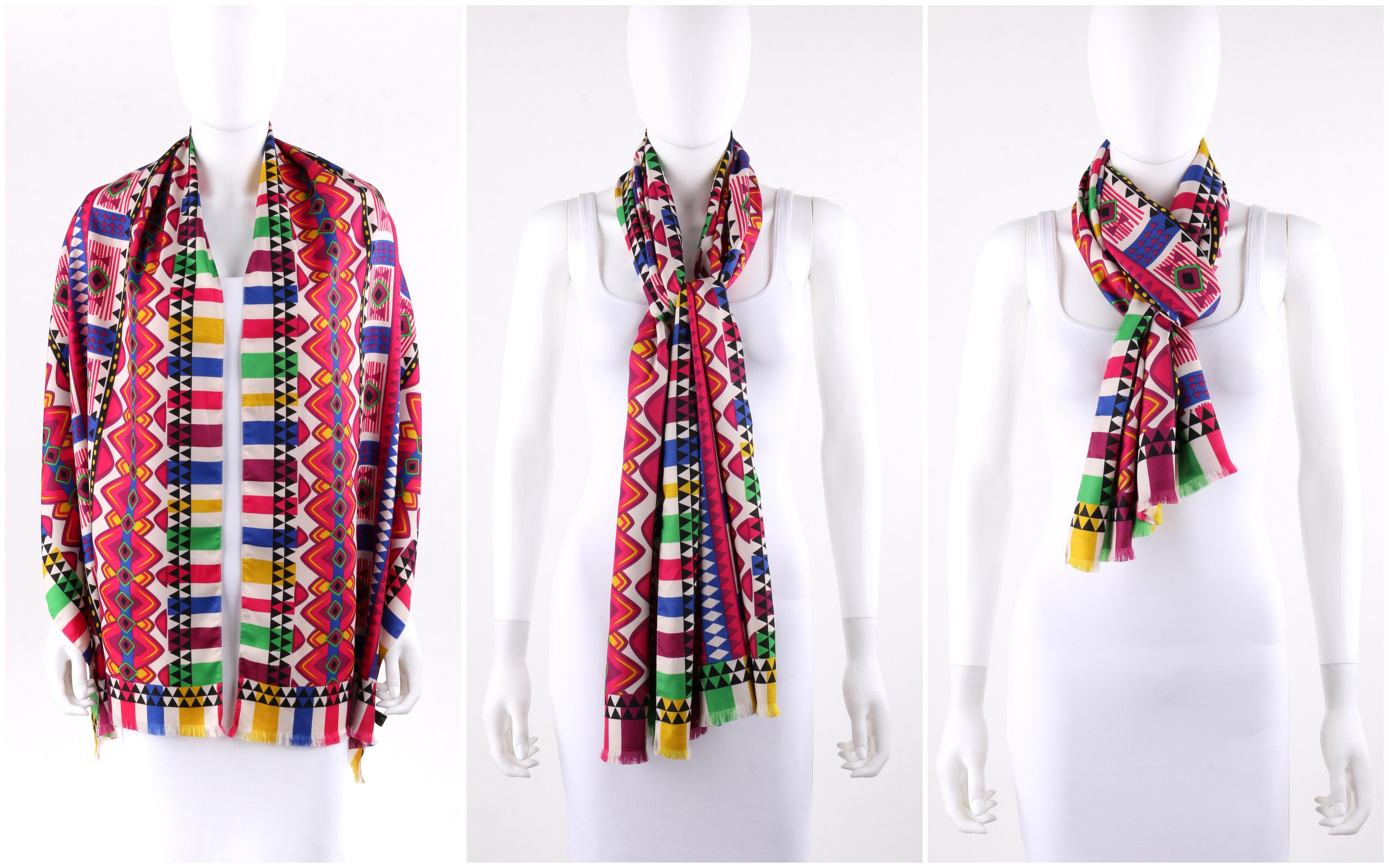 Women's ETRO Multicolor Geometric Tribal Print Silk Fringe Oblong Scarf For Sale