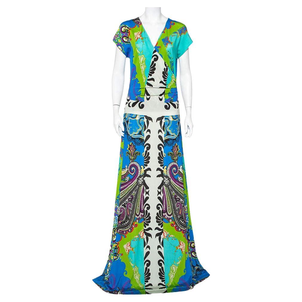 Etro Multicolor Jersey Draped Faux Wrap Maxi Dress L For Sale