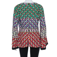 Etro Multicolor Knit Abstract Print Embellished Plunge Neck Detail Top L