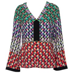 Etro Multicolor Knit Abstract Print Embellished Plunge Neck Detail Top L