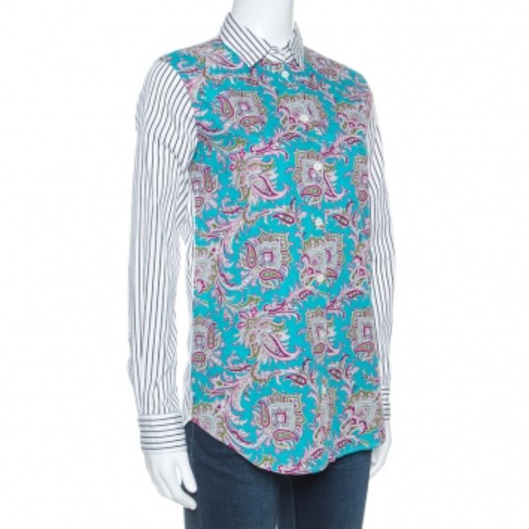 Etro Camisa de algodón con estampado de cachemira y rayas multicolor S Gris en venta