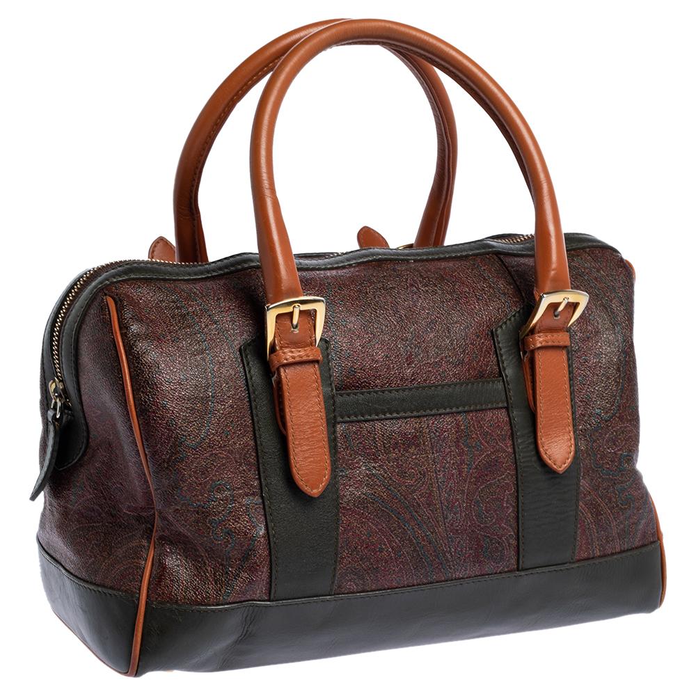 Black Etro Multicolor Paisley Print Coated Canvas and Leather Satchel For Sale