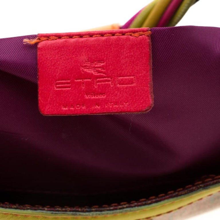 ETRO Magenta Leather & Beige Burlap Bi-Color Zip Shoulder Bag Satchel  Purse
