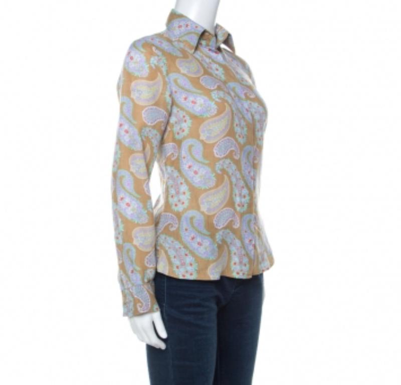 Etro Chemise à manches longues et boutons à l'avant en lin imprimé cachemire multicolore S Pour femmes en vente