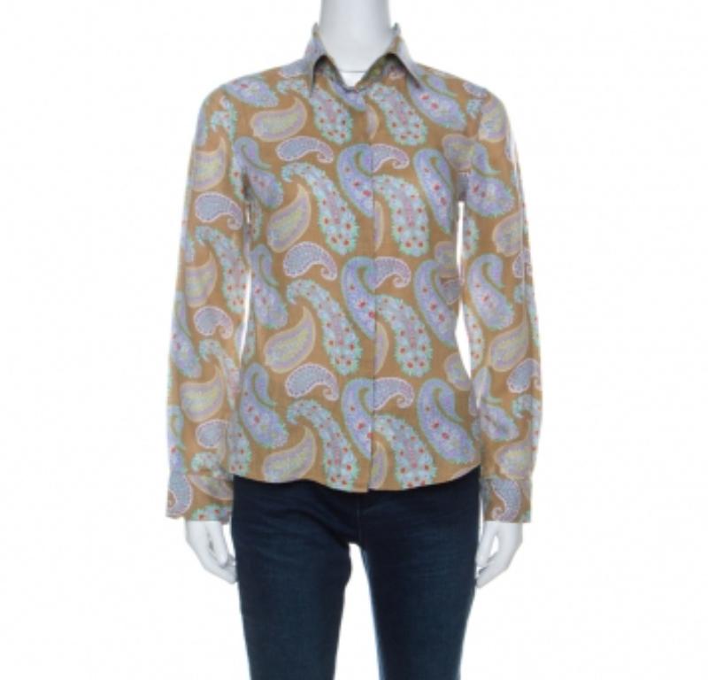 Etro Chemise à manches longues et boutons à l'avant en lin imprimé cachemire multicolore S en vente
