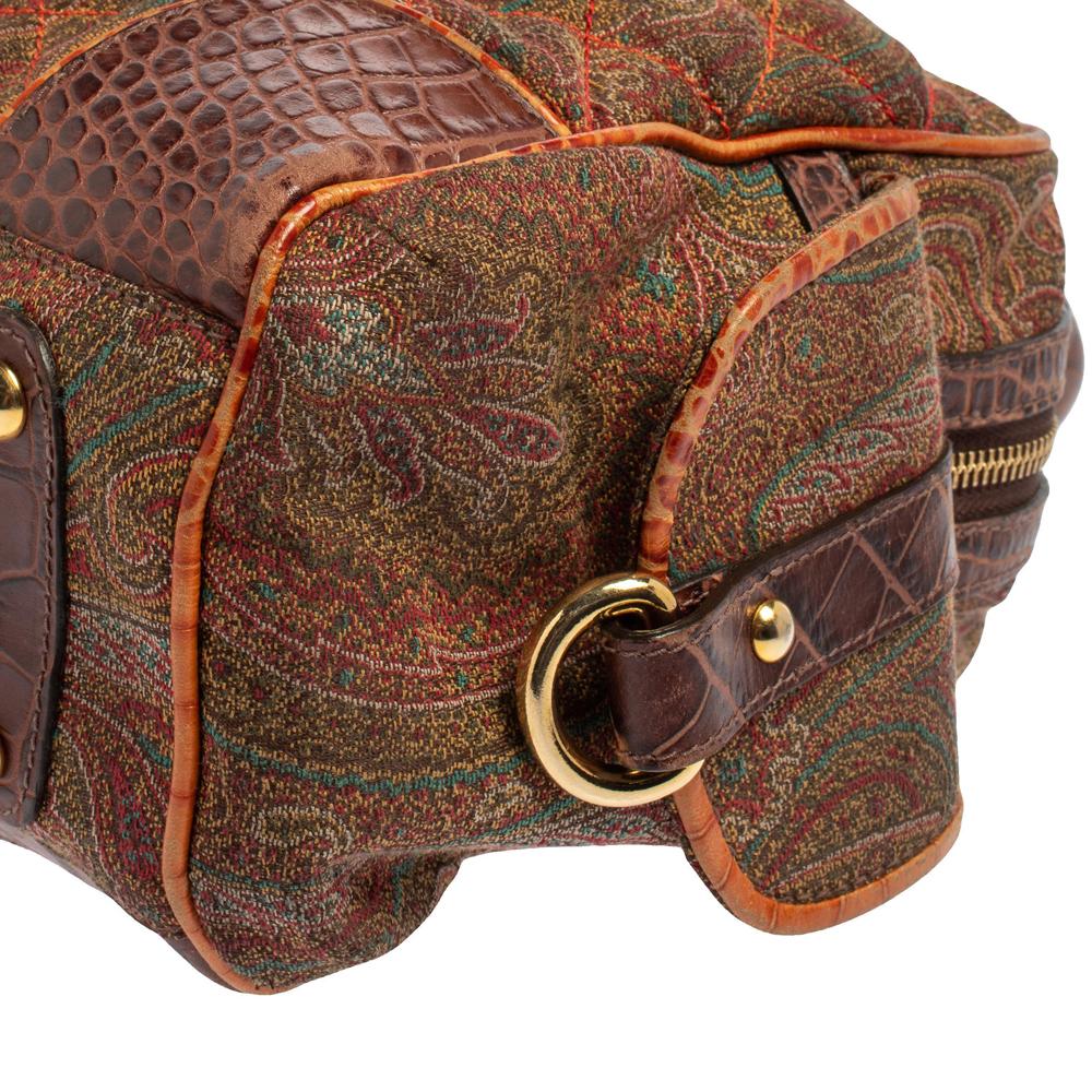 Etro Multicolor Paisley Print Quilted Croc Embossed Leather Side Pock Boston Bag 2