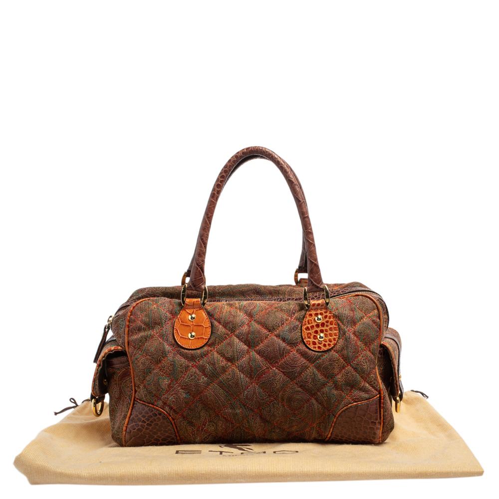 Etro Multicolor Paisley Print Quilted Croc Embossed Leather Side Pock Boston Bag 5
