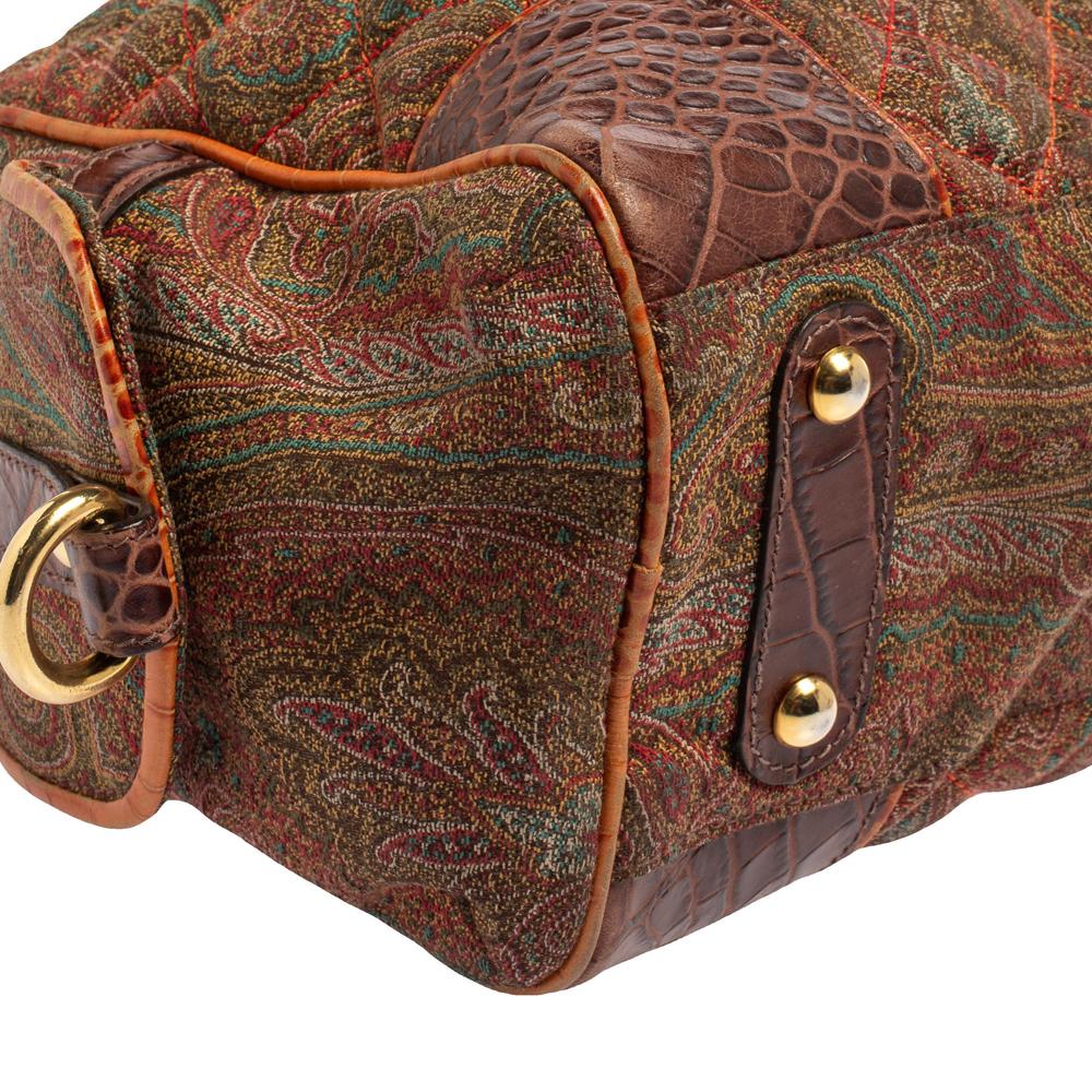 Etro Multicolor Paisley Print Quilted Croc Embossed Leather Side Pock Boston Bag In Fair Condition In Dubai, Al Qouz 2