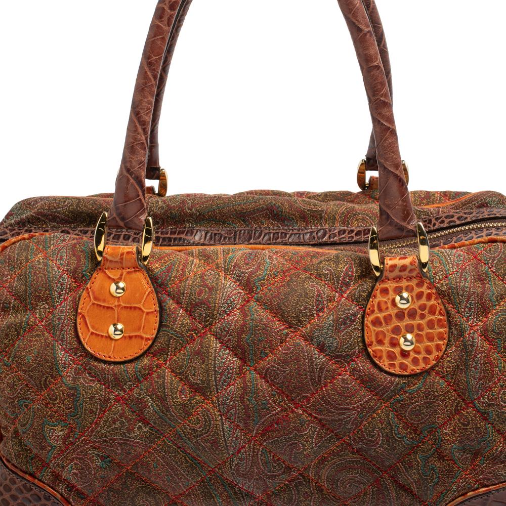 Etro Multicolor Paisley Print Quilted Croc Embossed Leather Side Pock Boston Bag 1