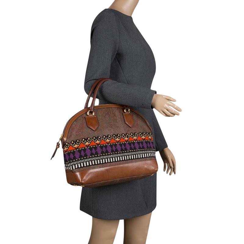 Brown Etro Multicolor Paisley Printed Coated Canvas Crochet Detail Satchel